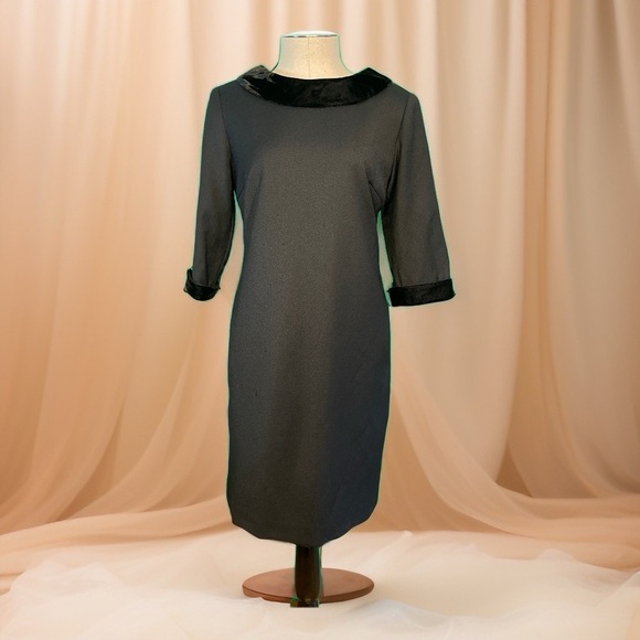 Talbots Vintage Black Wool Sheath Velvet Trim Back Zip V-Neck Size 4 Petite EUC - Picture 7 of 16